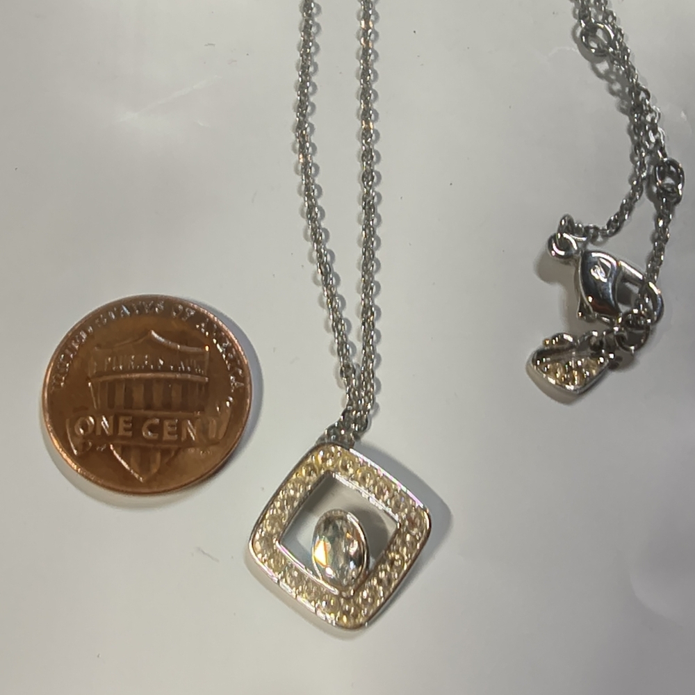 Swarovski Silver-Tone Square Pendant Necklace with Clear Crystal - Picture 2 of 4